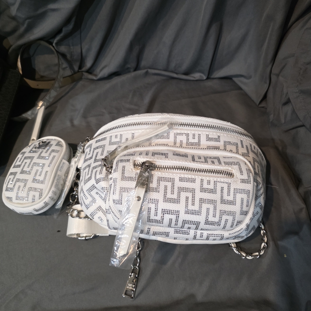Steve Madden White and Rhinstone Patterned Crossbody Bag